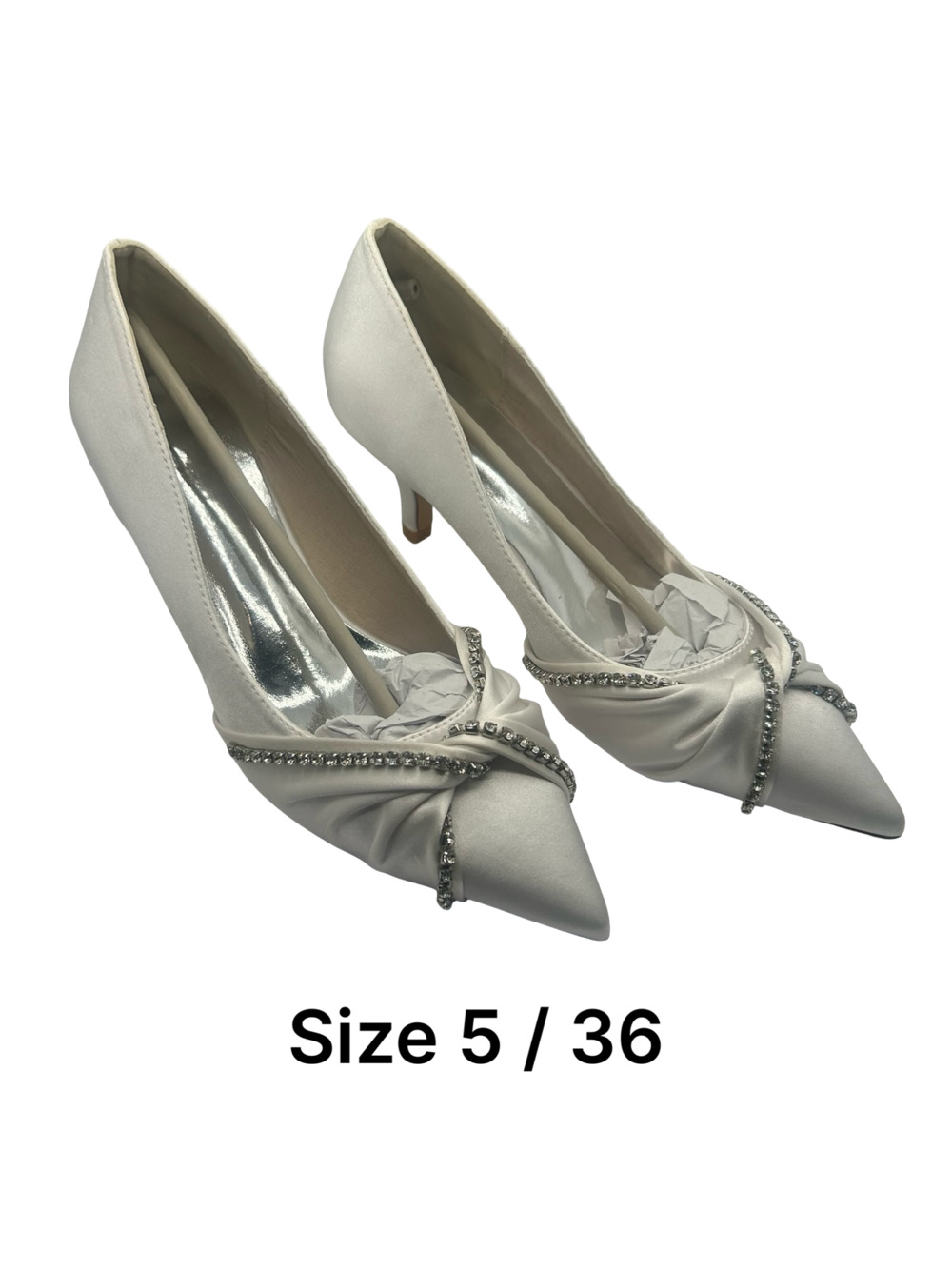 Women's Pointed Toe Satin Kitten Heel Pumps with Rhinestone Detail